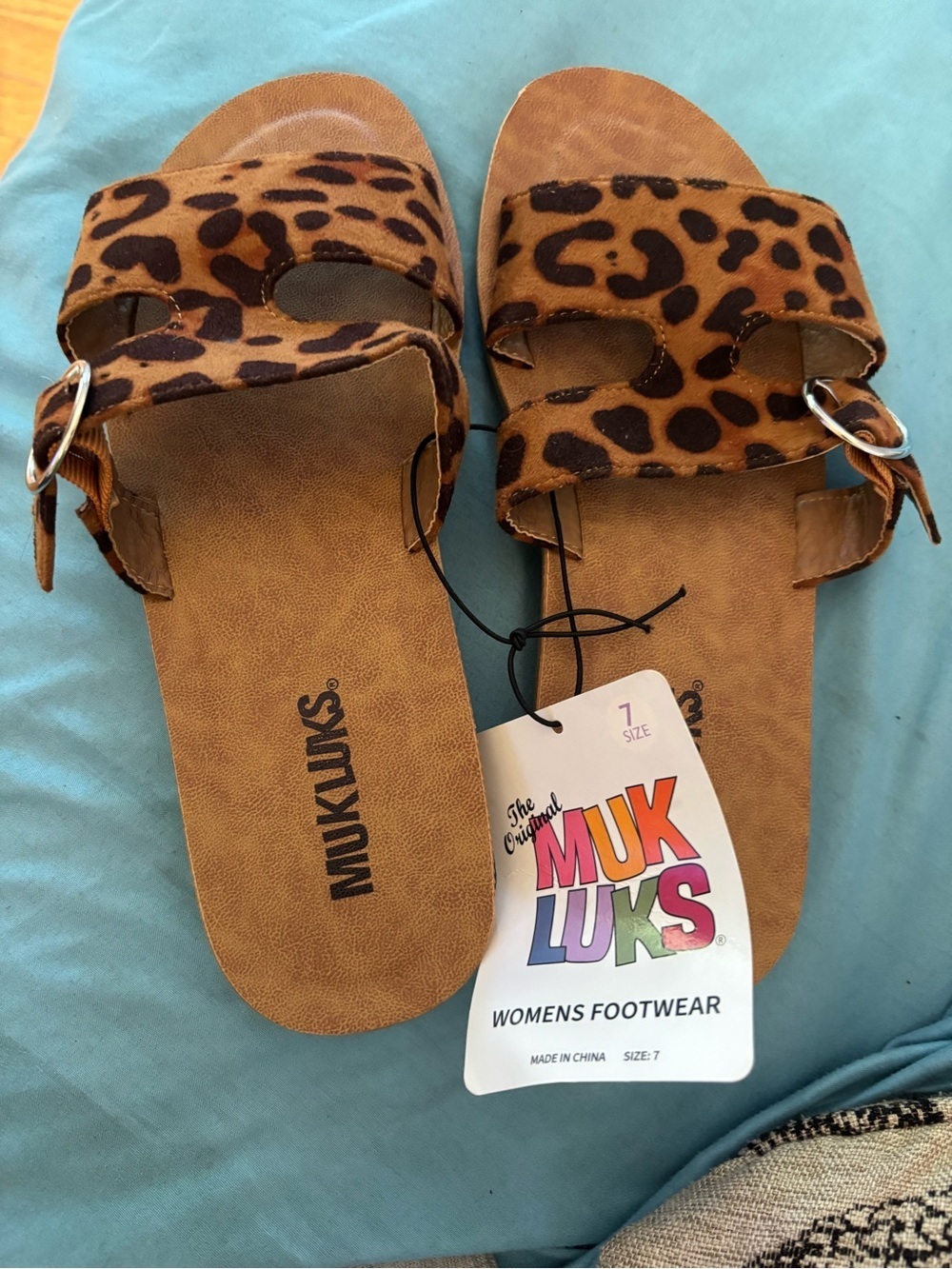 Muk Luks Leopard Print Slide Sandals in Tan and Brown - Picture 4 of 5